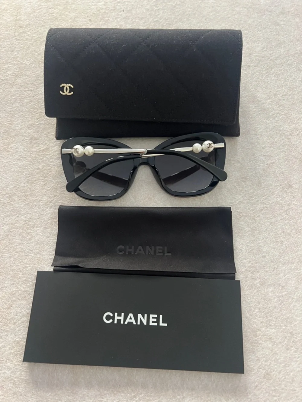 Chanel Black Square Sunglasses with Pearl Detail